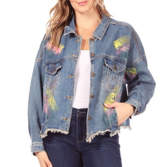 NEW Oversize Retro 70s 80s Paint Splatter Splash Distressed Hem Denim Jacket - Picture 3 of 6